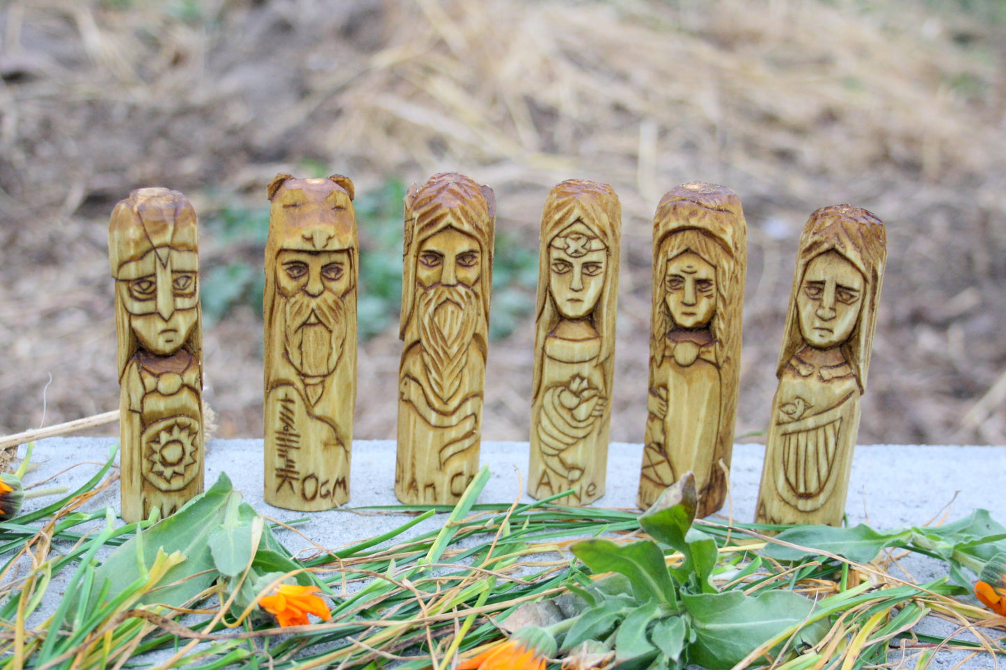 Small wooden celtic altar. handcrafted statue. ogma, aine, lugh, cailleach. celtic statues for sale