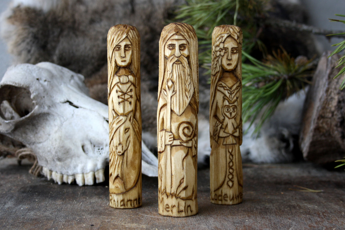 Wooden figurine of celtic goddess rhiannon.