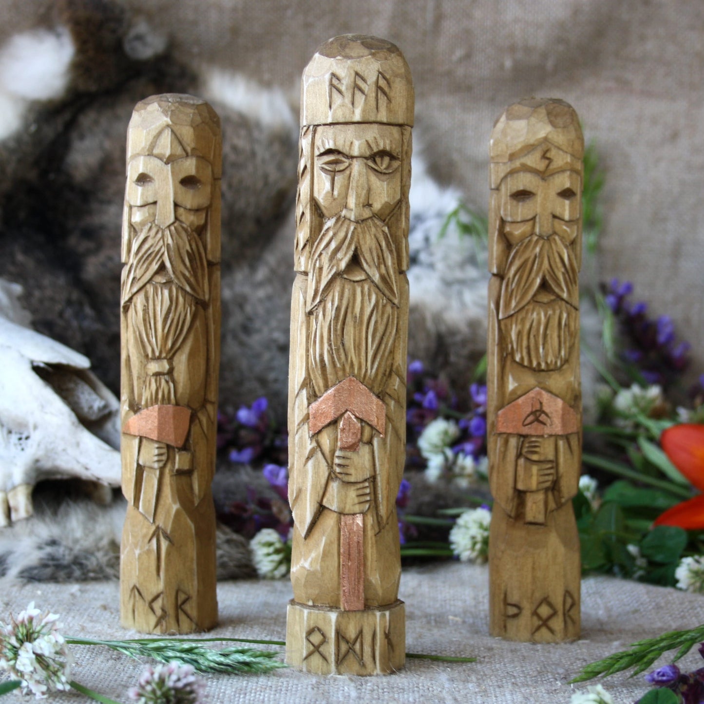 Tyr wooden statue with other Norse gods hand carved Viking figurines collection