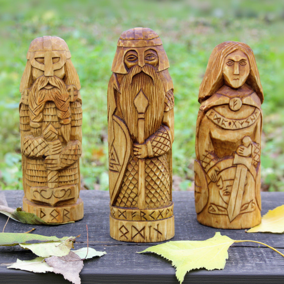 Large Thor wooden statue with Norse gods hand carved figurine collection