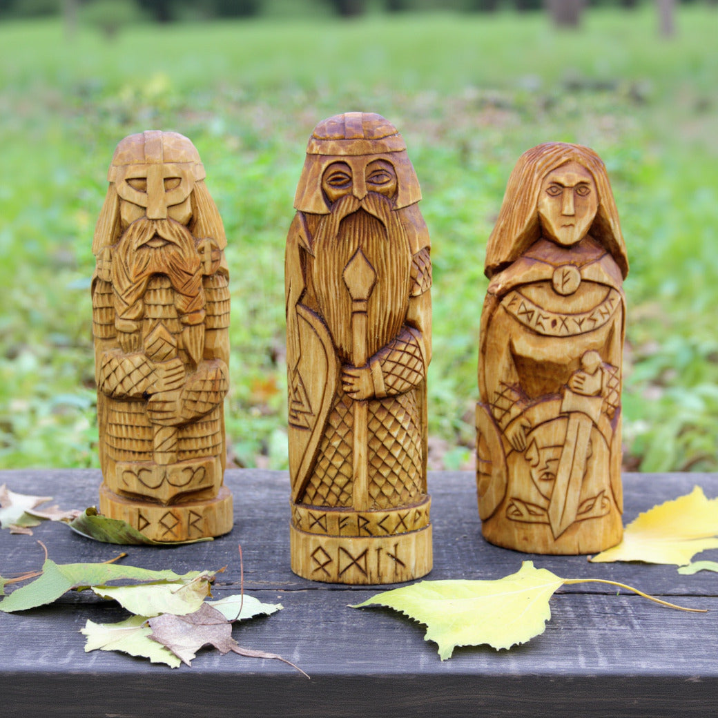 Large Odin wooden statue with other Norse gods hand carved figurines collection