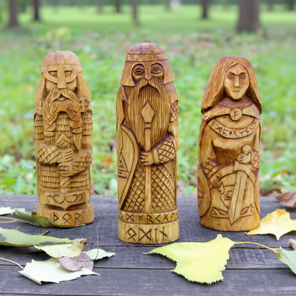 Close up detail of large Freya wooden statue hand carved Norse goddess