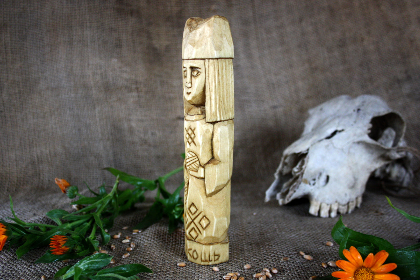 Hand carved figurine of the Slavic goddess Makosh