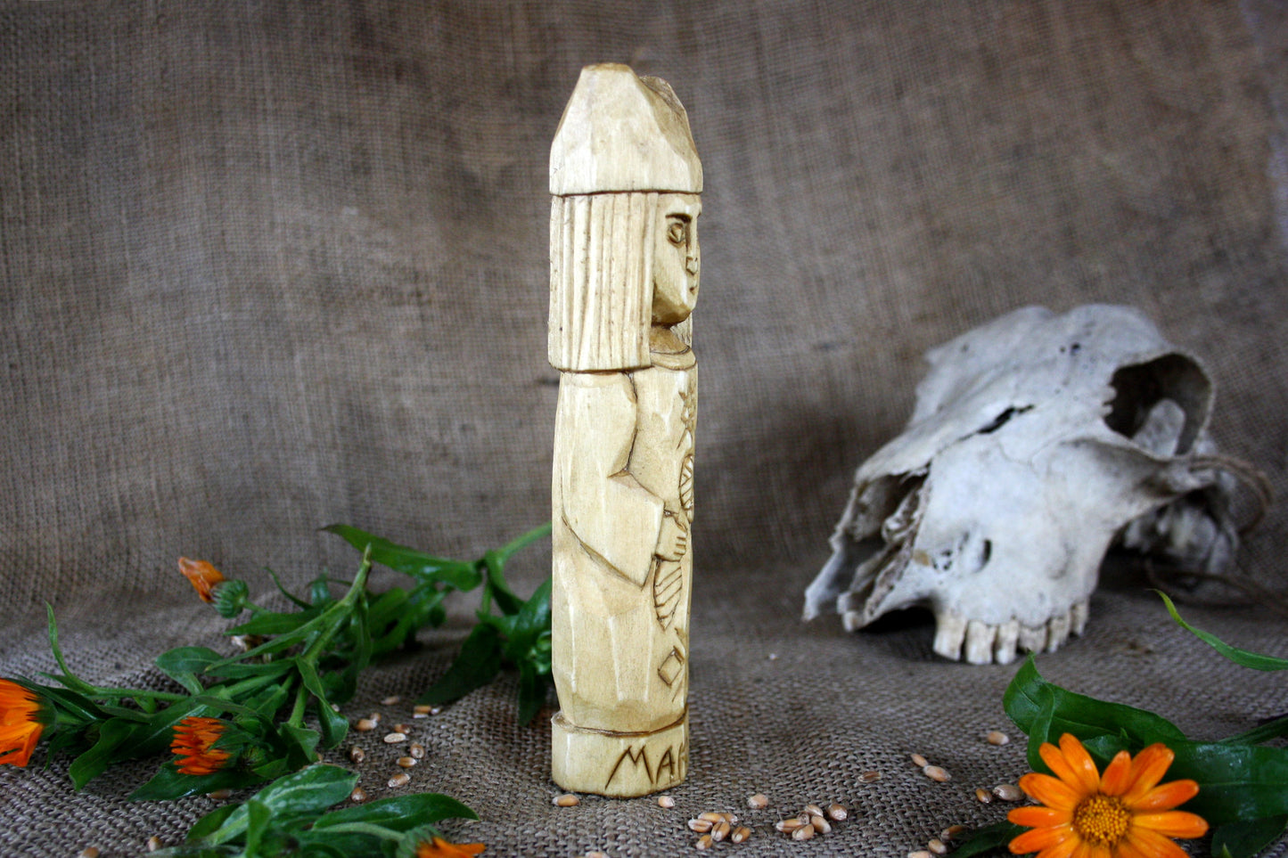 Hand carved figurine of the Slavic goddess Makosh