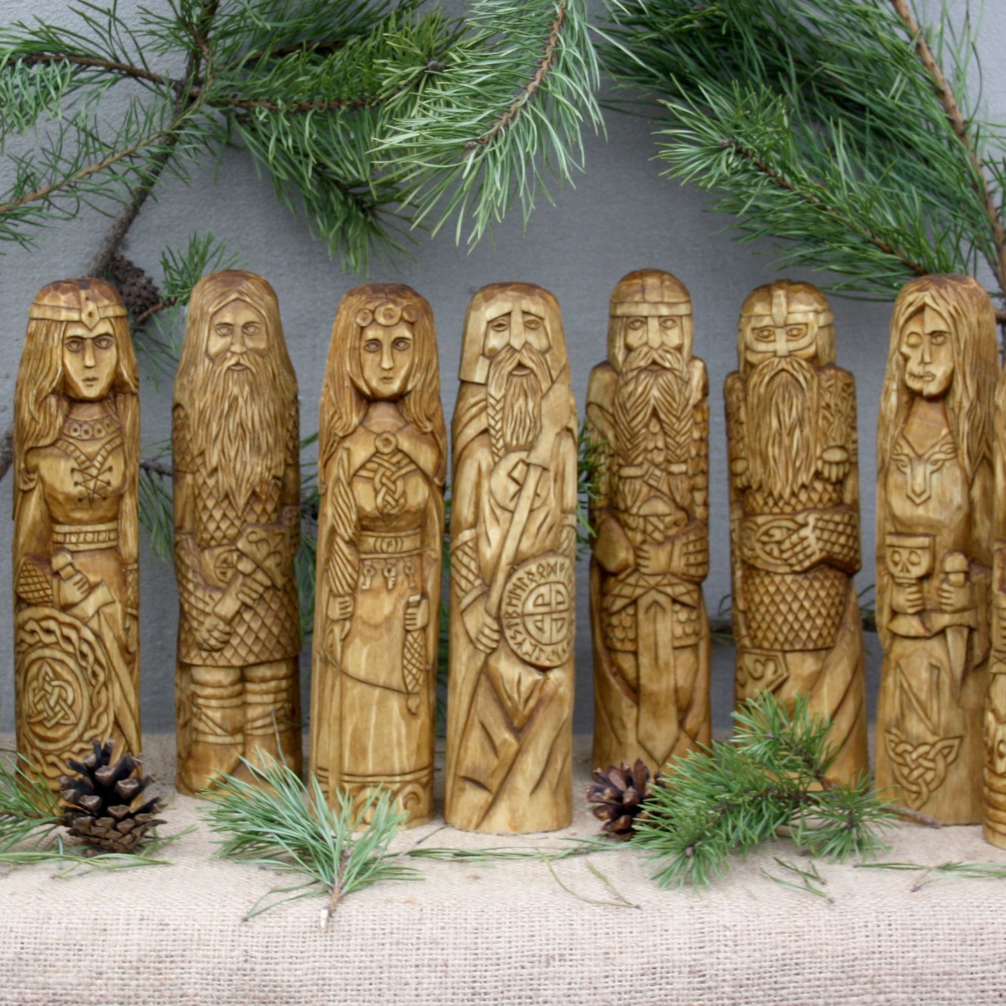 Large Odin wooden statue with other Norse gods hand carved figurines collection