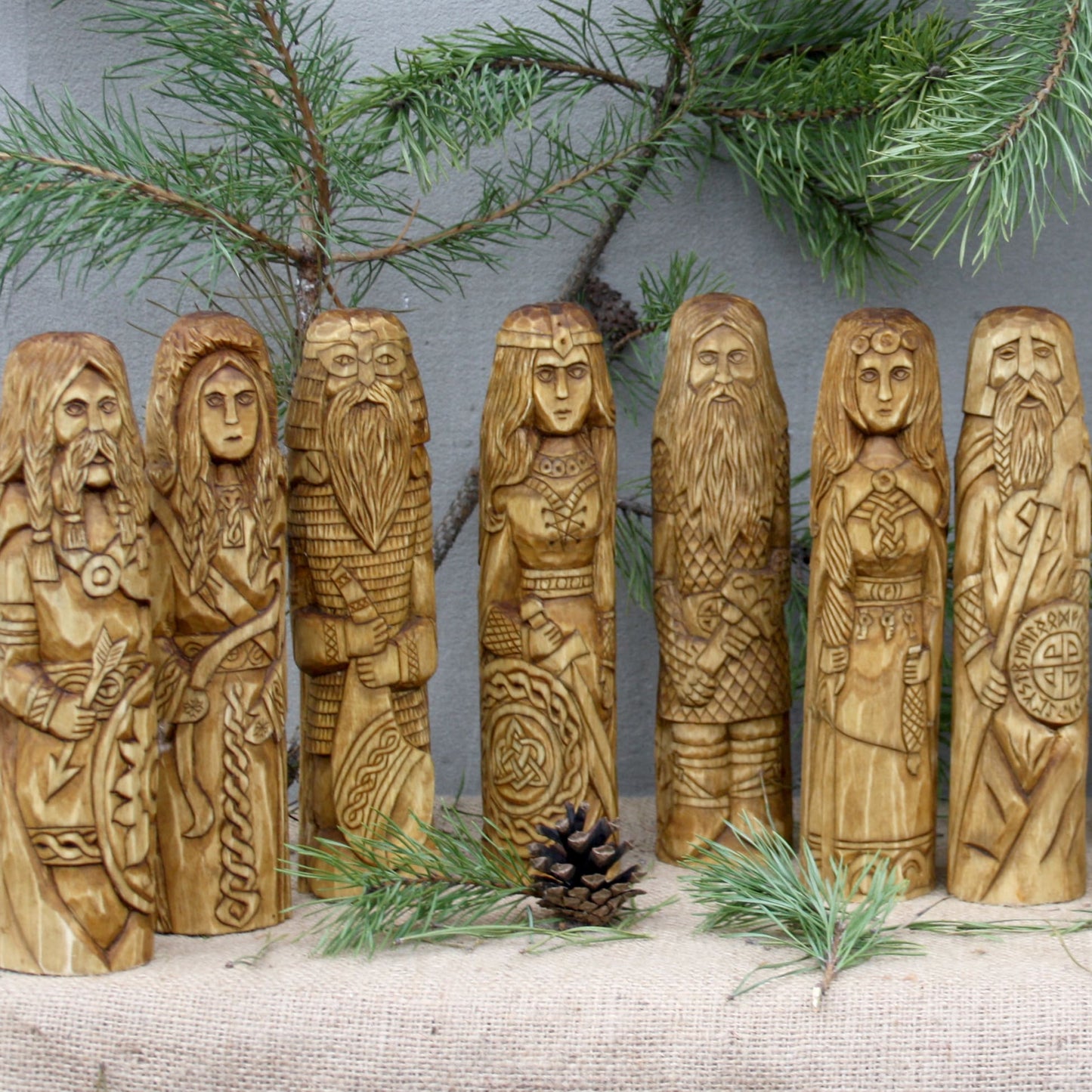 Close up detail of Freya wooden statue hand carved Norse goddess