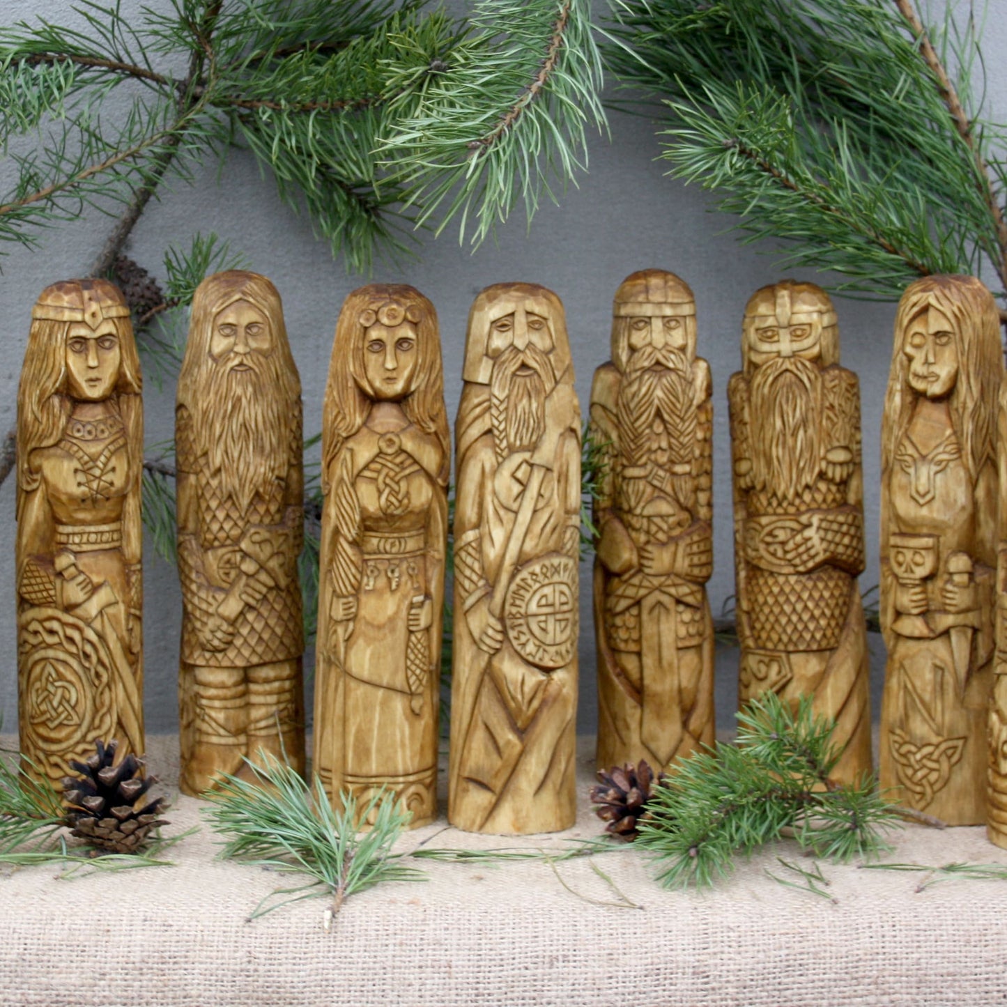 Large Frigg wooden statue with other Norse gods hand carved figurine set