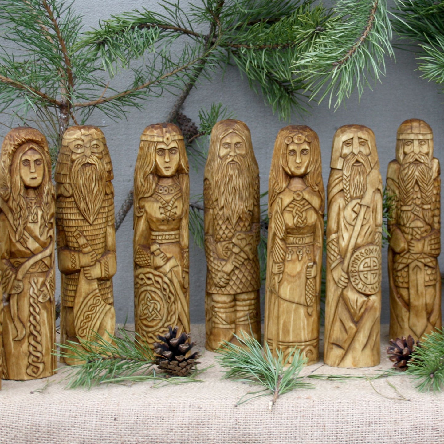 Thor wooden statue chainmail with Norse gods hand carved figurines