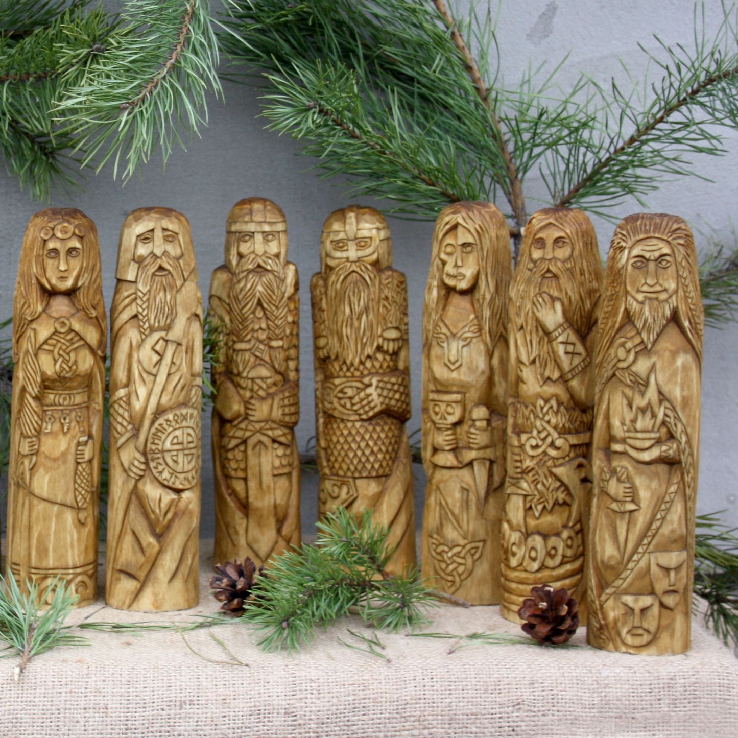 Large Tyr wooden statue with other Norse gods hand carved figurines