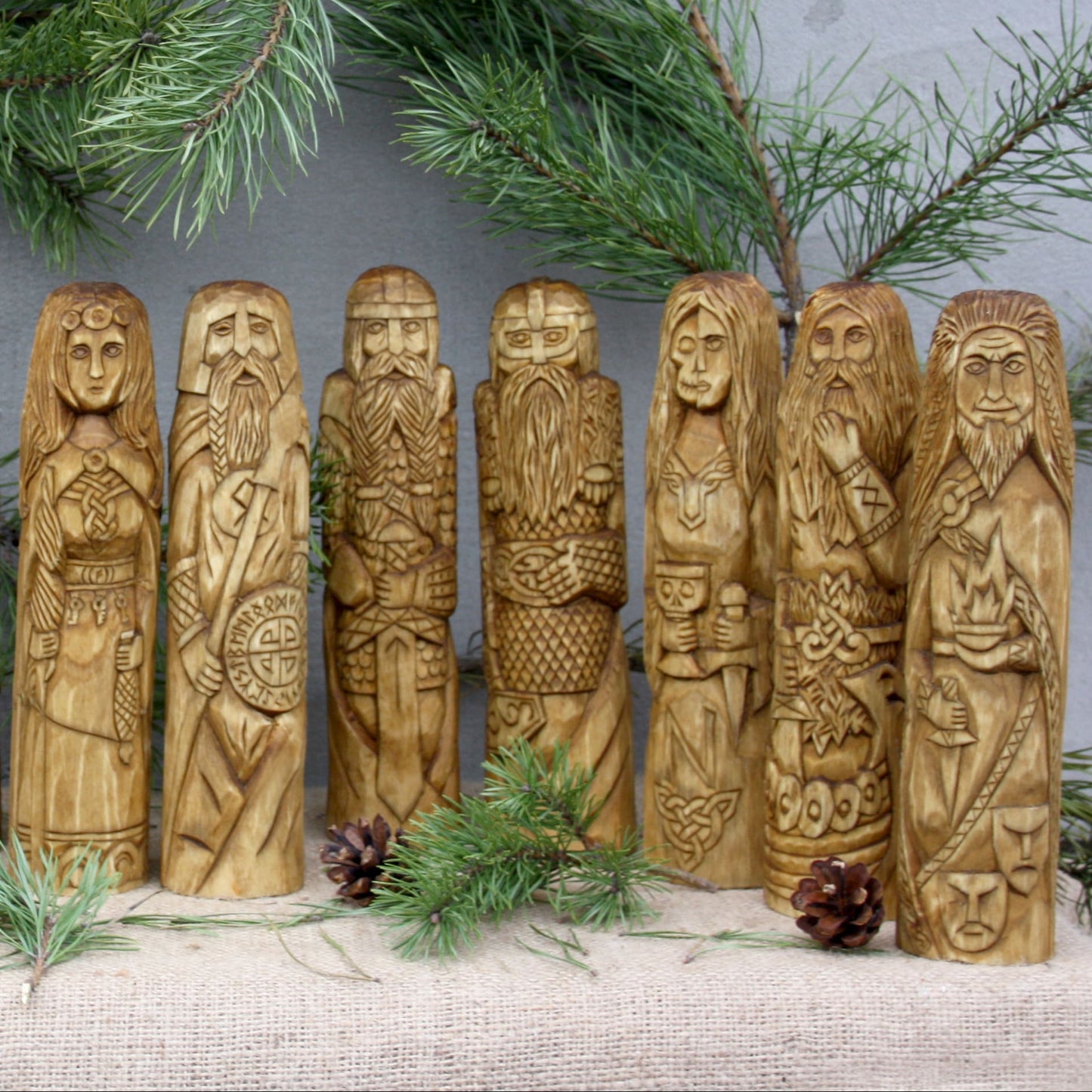 Loki large wooden statue with other Norse gods collectionstatue.