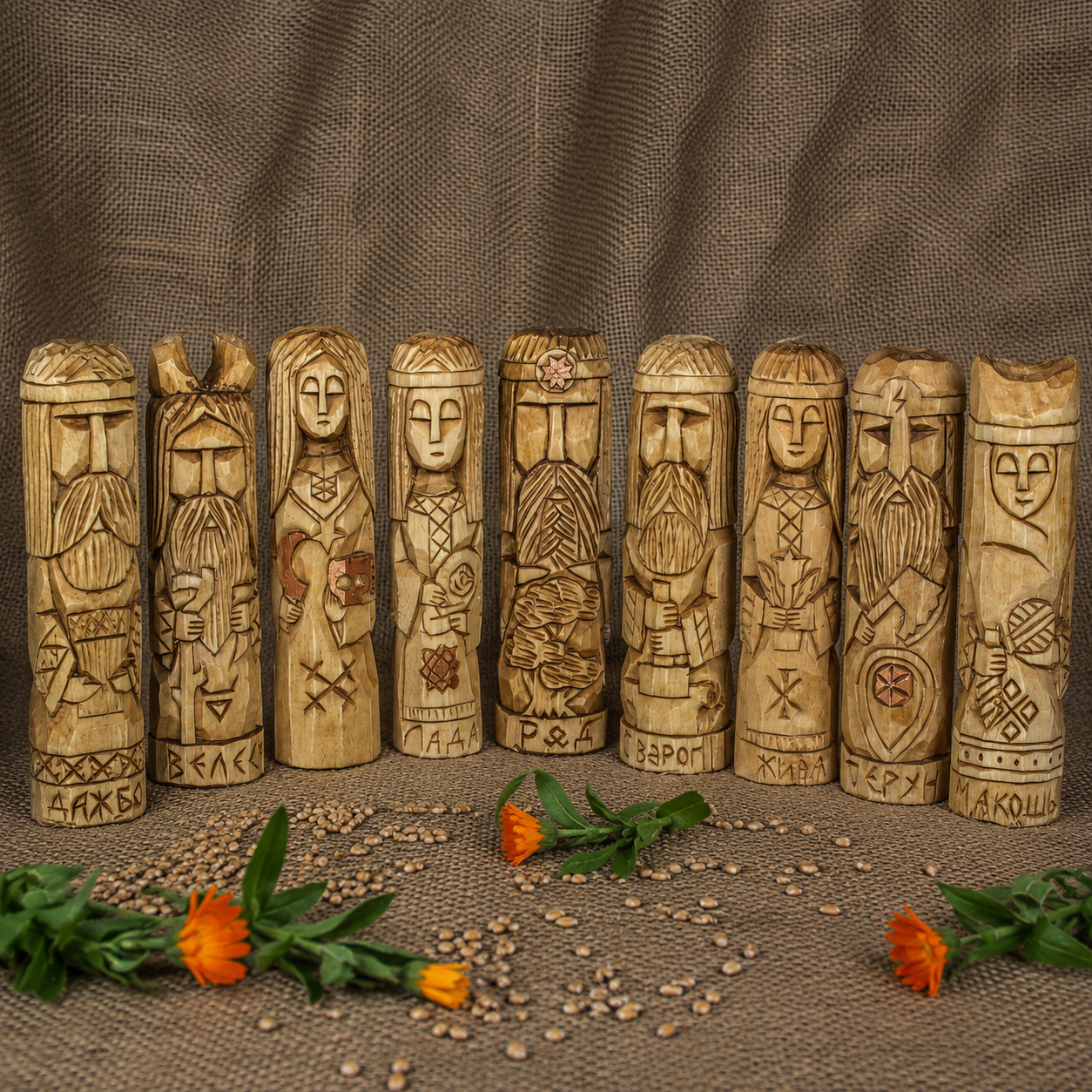 Set of nine hand carved Slavic gods wooden idols 16.5 to 17 cm tall