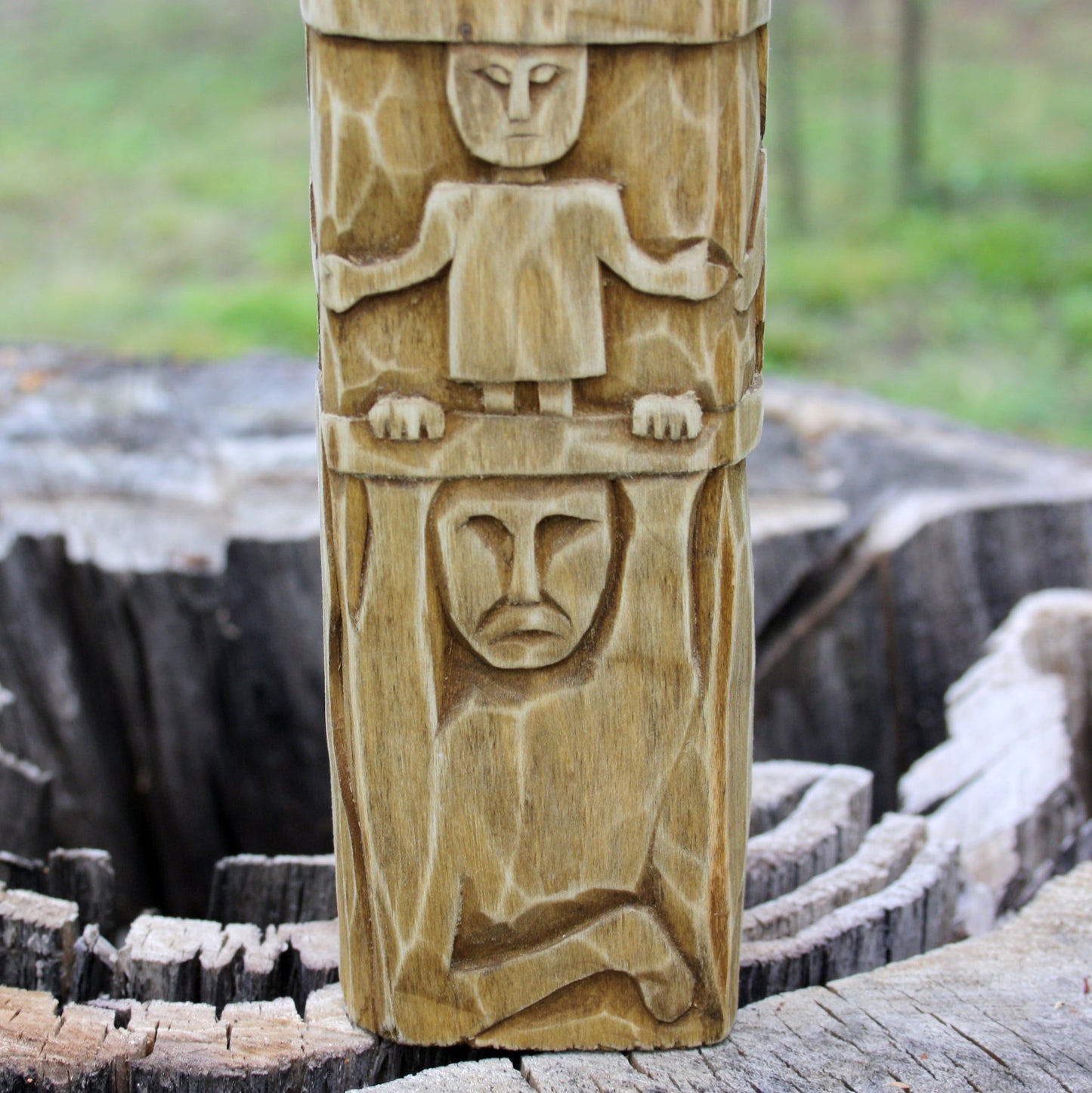 Detailed carving of Zbruch Idol wooden replica