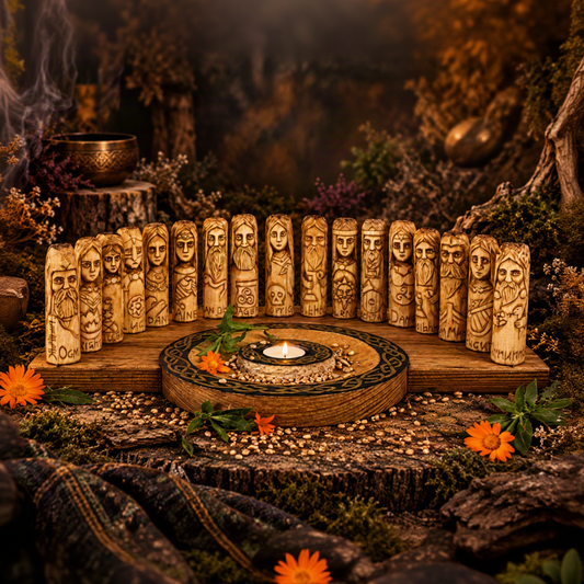 Complete set of 17 hand-carved 10 cm Celtic wooden deities displayed on a decorated pine wood altar