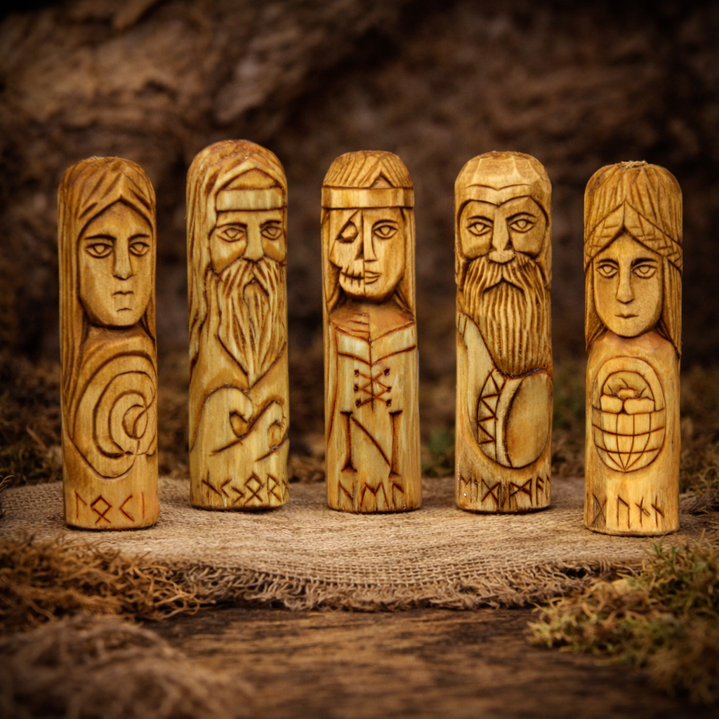 Mini Norse gods wooden statues set Hela Loki Idunna Njord Heimdall 10 cm
