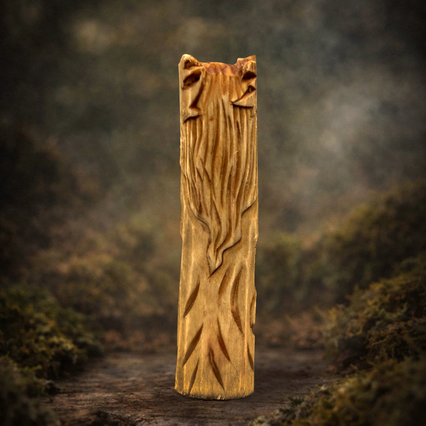 Side view of wooden Cernunnos figurine showing carving texture