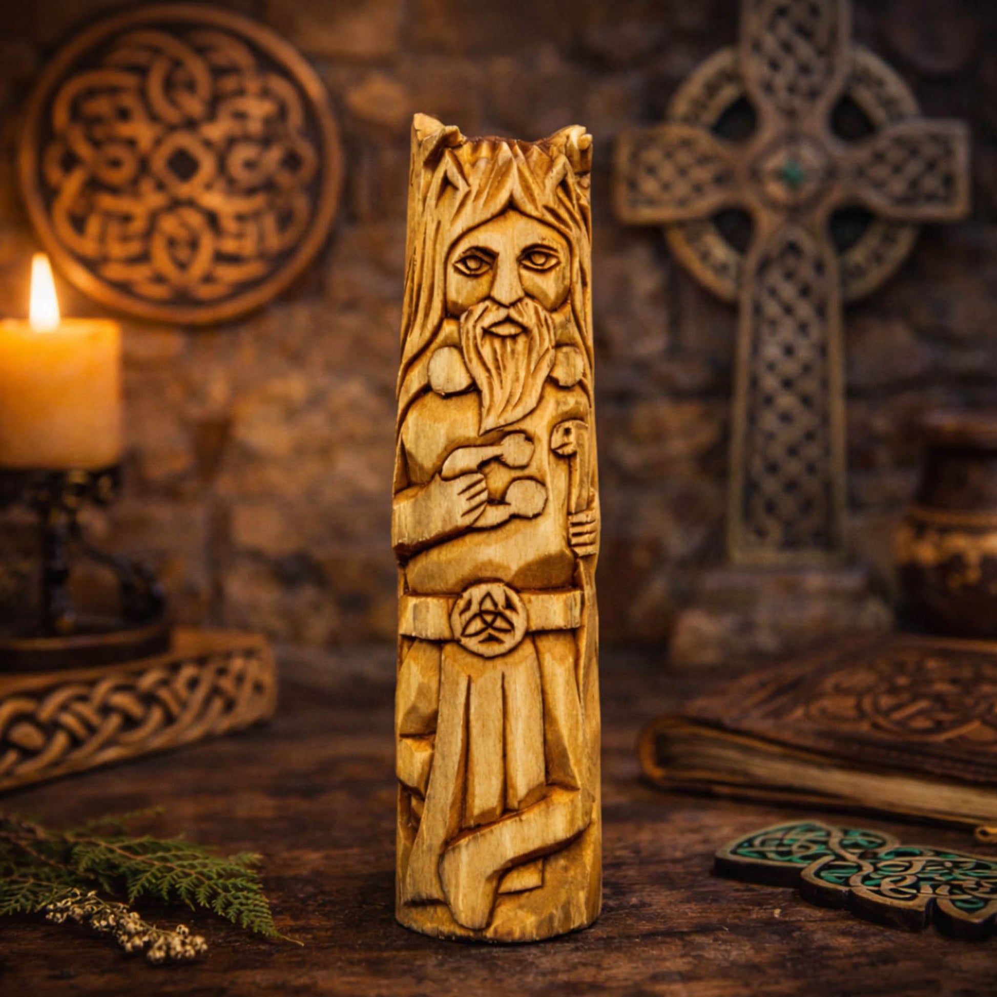 Cernunnos pagan statue in forest-inspired interior