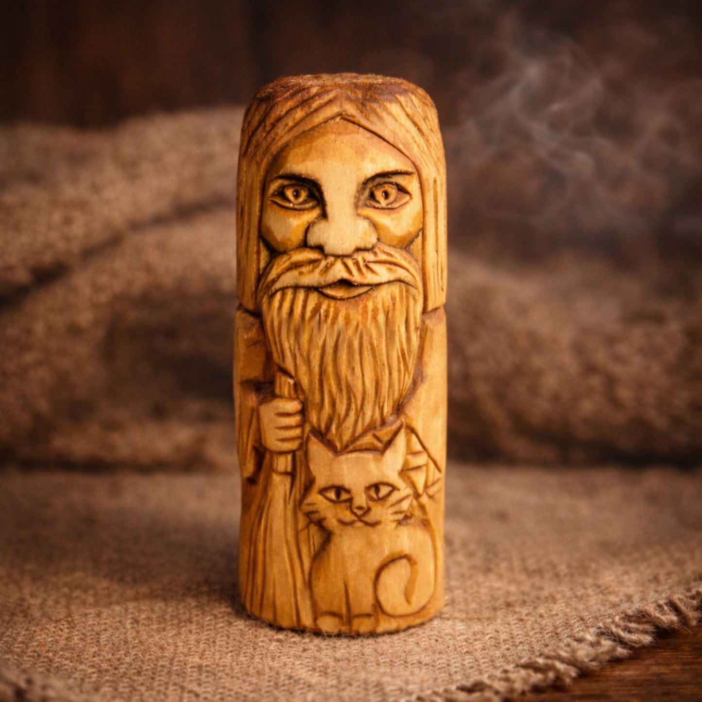 Hand-carved wooden Domovoy figurine, Slavic house spirit and home guardian