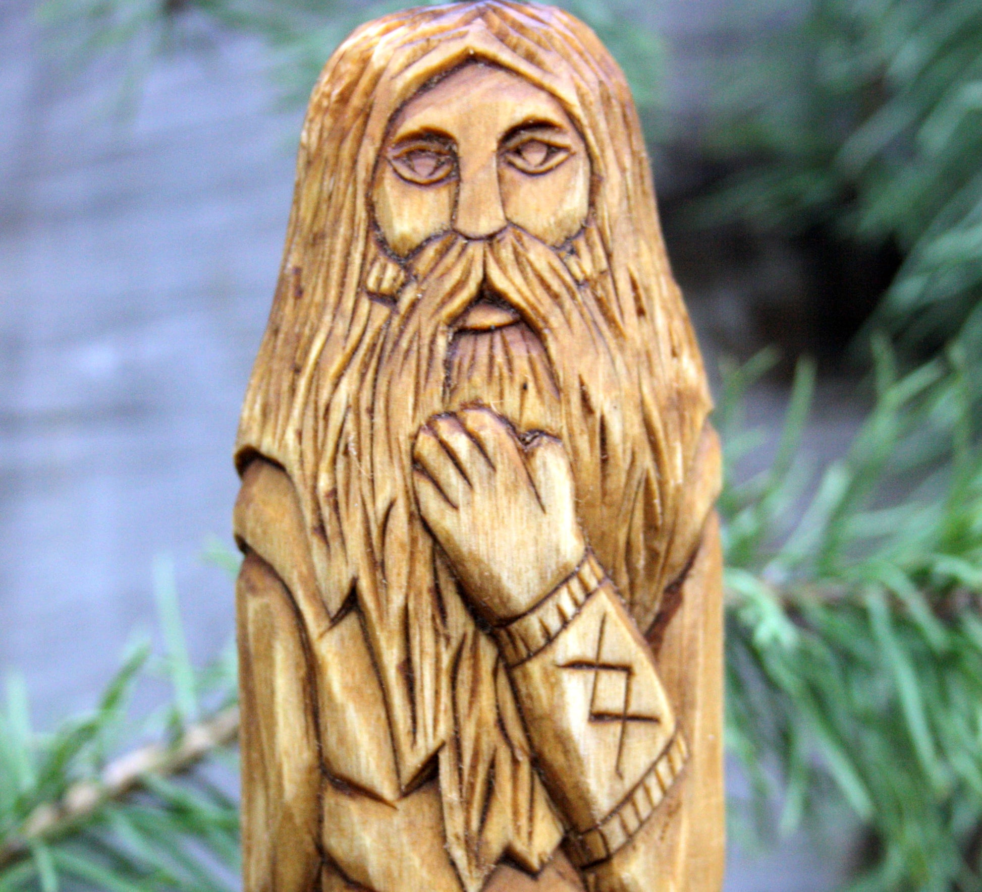 Norse god freyr. big hand crafted wooden statue of freyr. viking's god. freyr statue. celtic statue