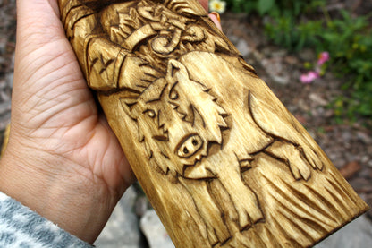 Norse god freyr with boar. big hand crafted wooden statue of freyr. viking's god. freyr statue.