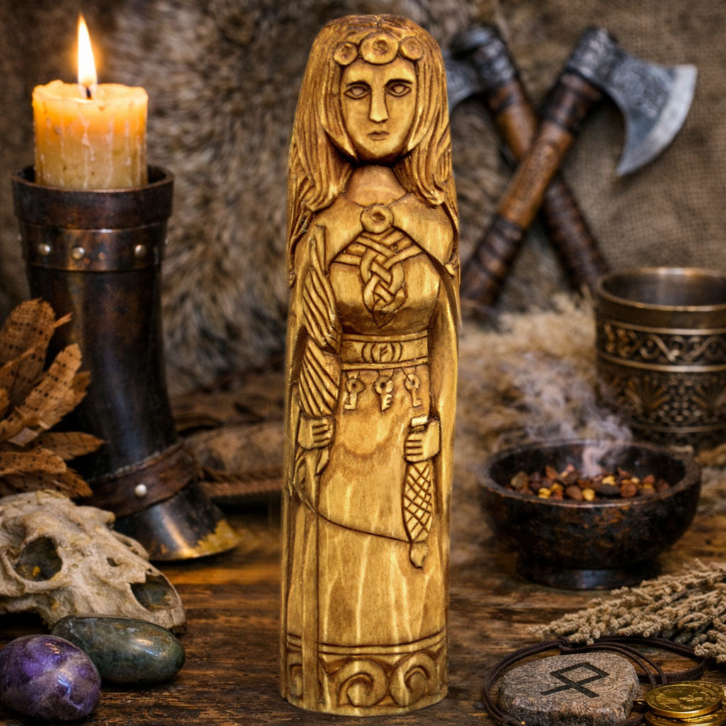 Large Frigg wooden statue displayed in interior Norse goddess hand carved decor
