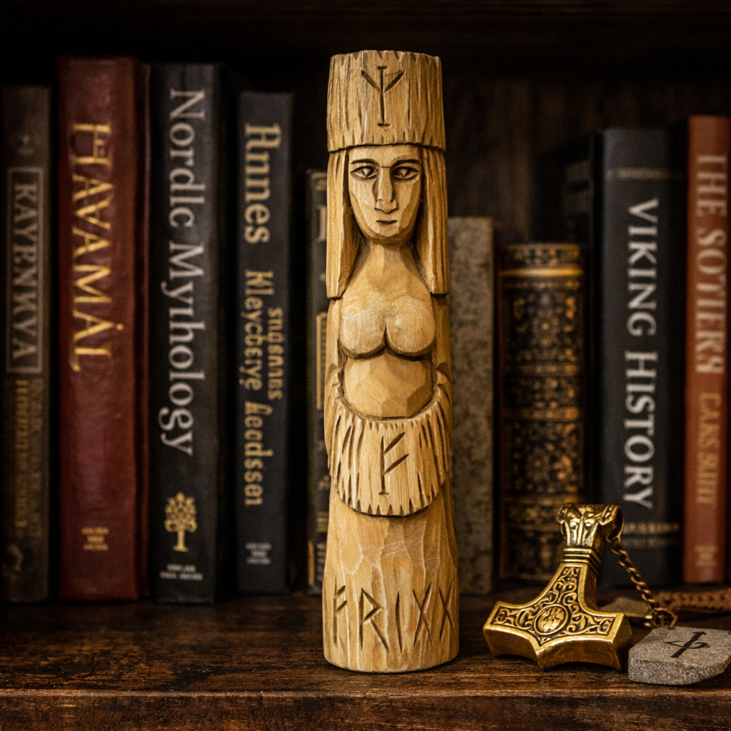 Frigg wooden statue displayed on bookshelf Norse goddess hand carved decor
