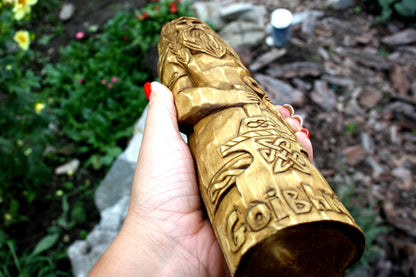 Big wooden statue of goibhniu. celtic god. wiccan, wicca, altar, druid, witchcraft. god goibhniu