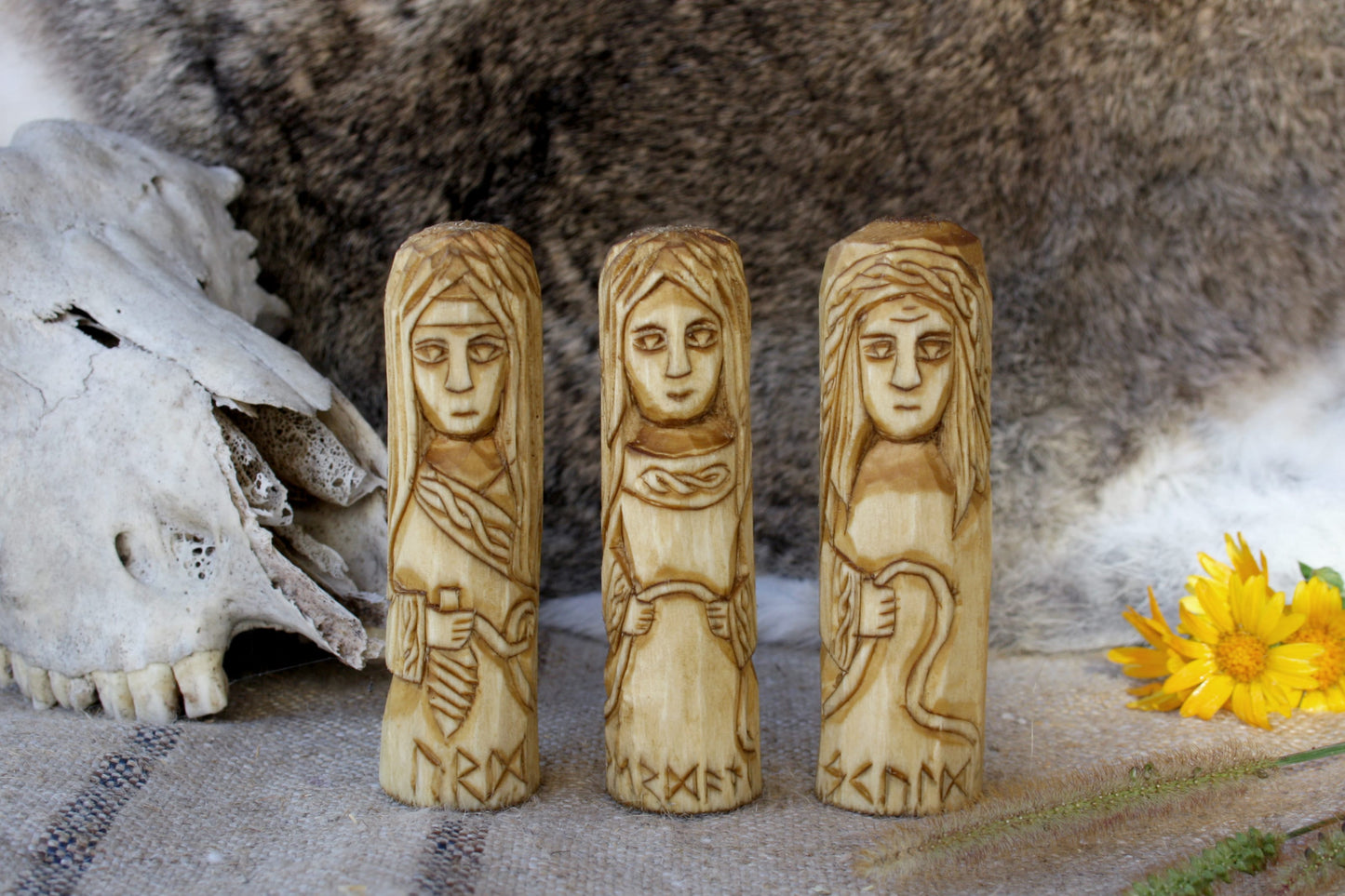 Urd, Verdandi, and Skuld. Small Wooden Norns. Set of small wooden figurine. Scandinavion Gods.