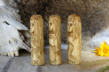 Urd, Verdandi, and Skuld. Small Wooden Norns. Set of small wooden figurine. Scandinavion Gods.