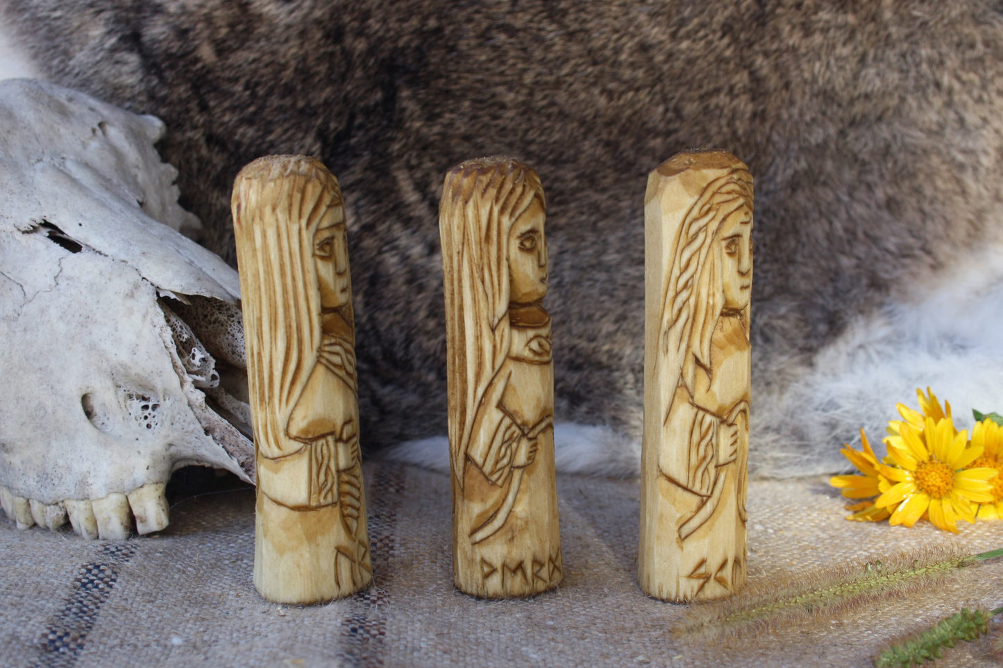 Urd, Verdandi, and Skuld. Small Wooden Norns. Set of small wooden figurine. Scandinavion Gods.