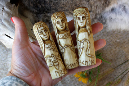 Urd, Verdandi, and Skuld. Small Wooden Norns. Set of small wooden figurine. Scandinavion Gods.