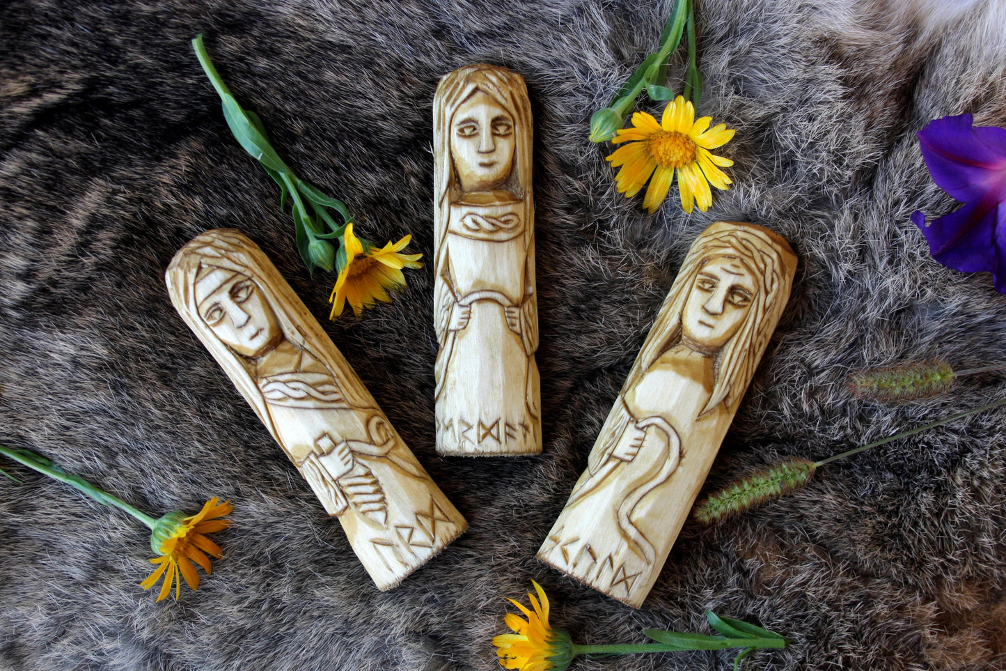 Urd, Verdandi, and Skuld. Small Wooden Norns. Set of small wooden figurine. Scandinavion Gods.