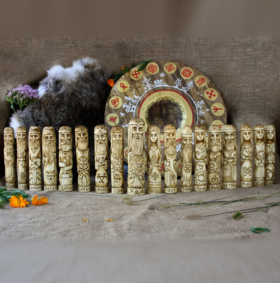 Full Slavic pantheon wooden statues hand carved Slavic gods collection