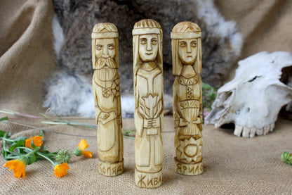 Wooden figurines of Slavic Pantheon of gods. Big Slavic altar.