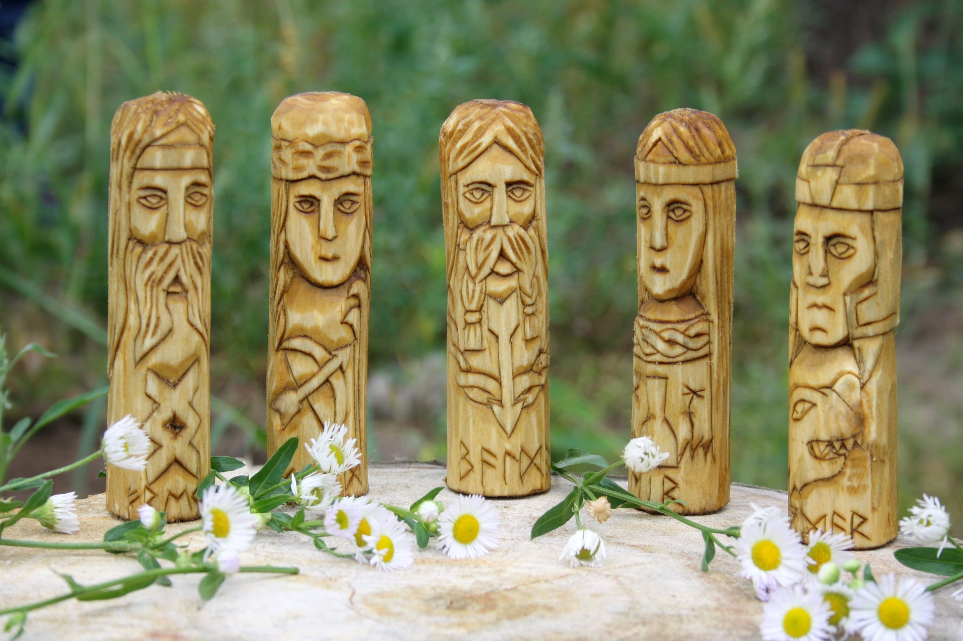 Small wooden altar of norse gods skadi. air. freyr. balder. handcrafted statue. celtic statues