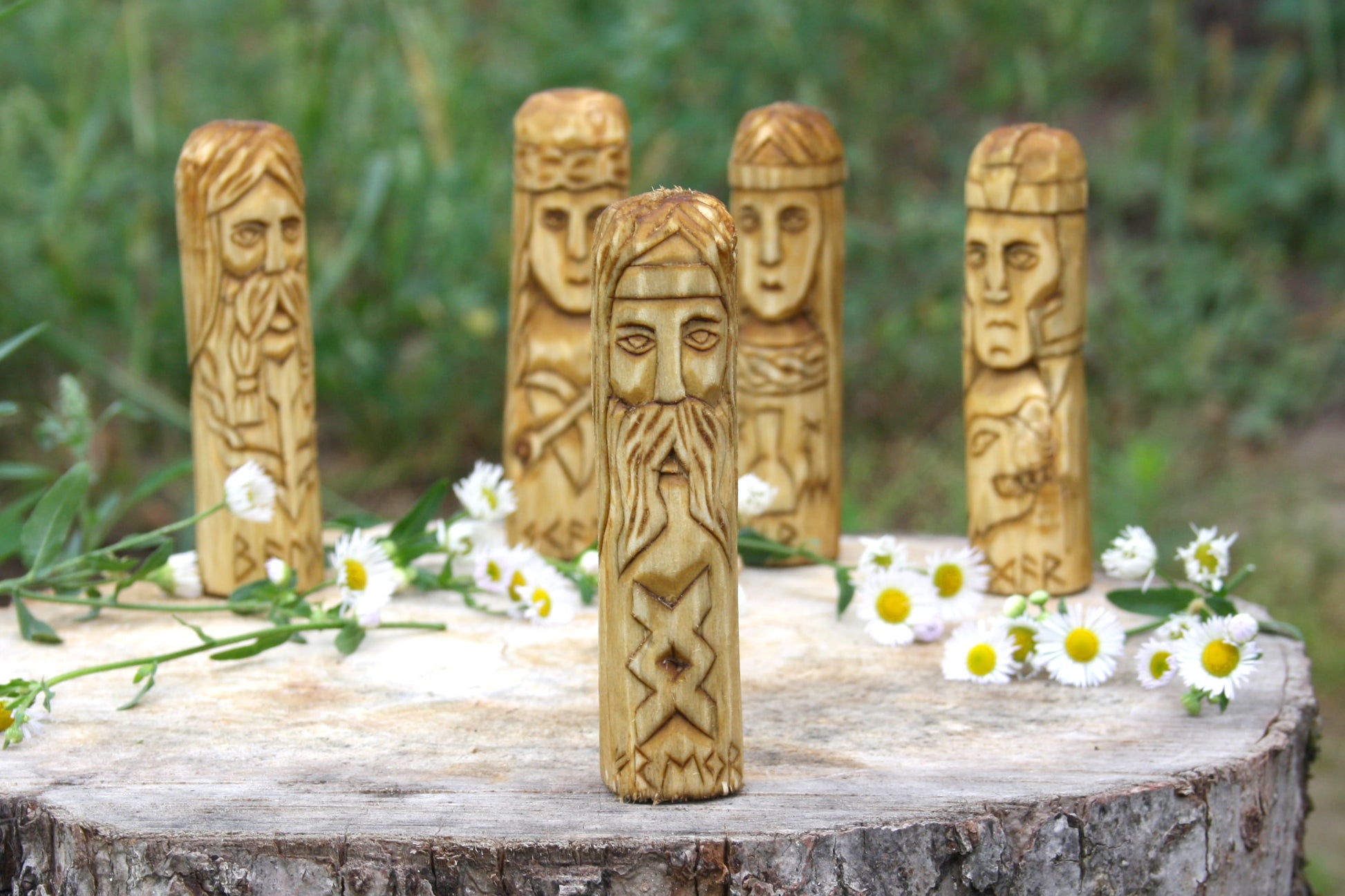 Small wooden altar of norse gods skadi. air. freyr. balder. handcrafted statue. celtic gods statues