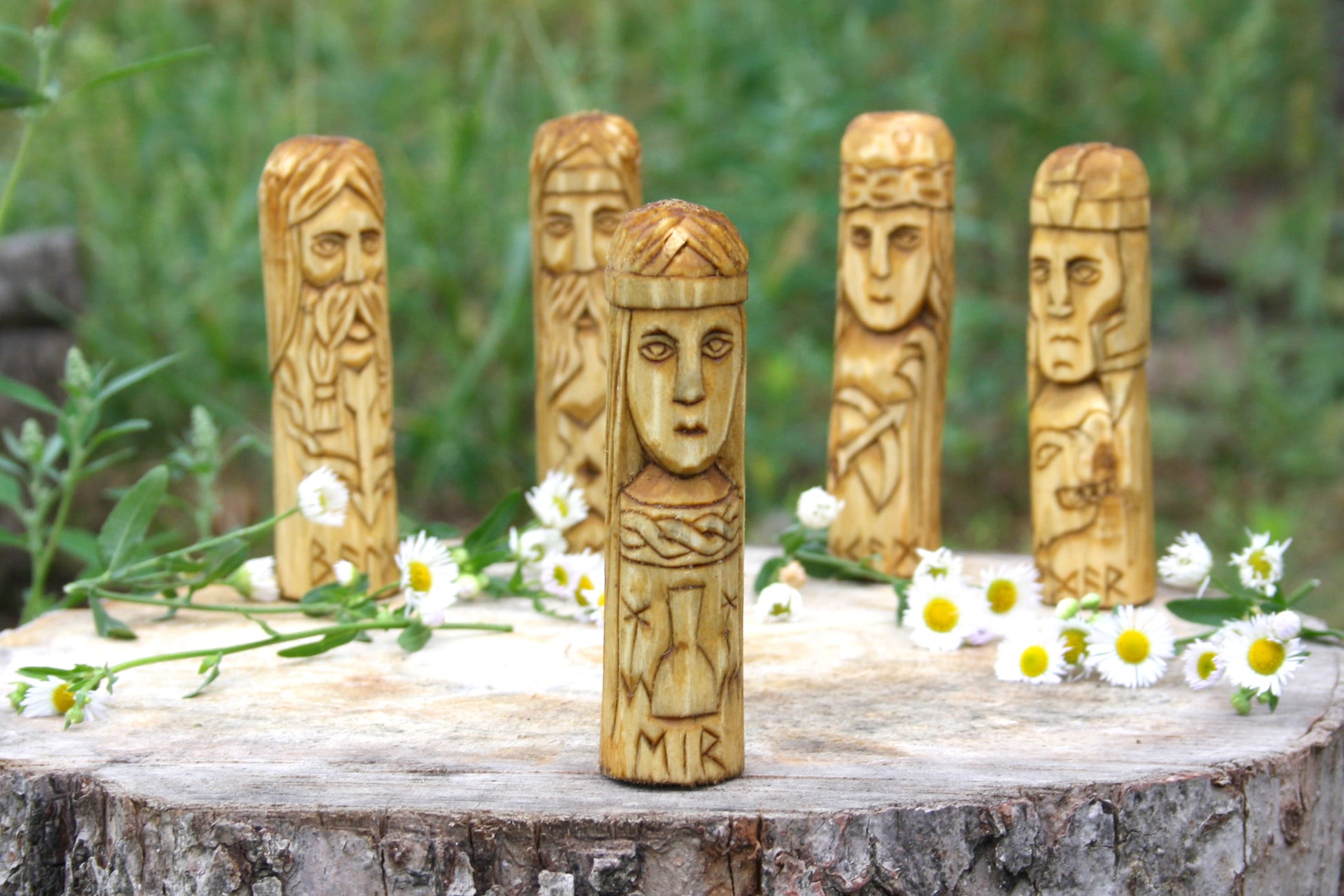 Small wooden altar of norse gods skadi. air. freyr. handcrafted statue. celtic statue