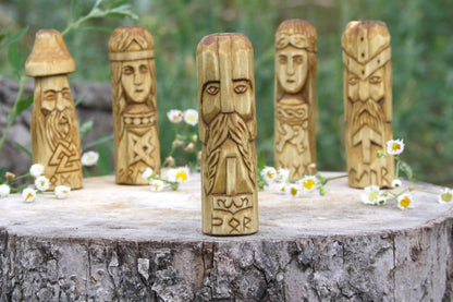 Small wooden altar of norse gods skadi. air. freyr. balder. god and goddess statues celtic