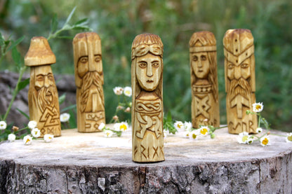 Small wooden altar of norse gods skadi. air. freyr. balder. handcrafted statue.