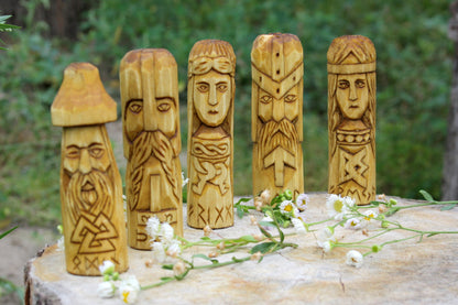 Small wooden altar of norse gods skadi. balder. vidar. handcrafted statue. celtic statues for sale