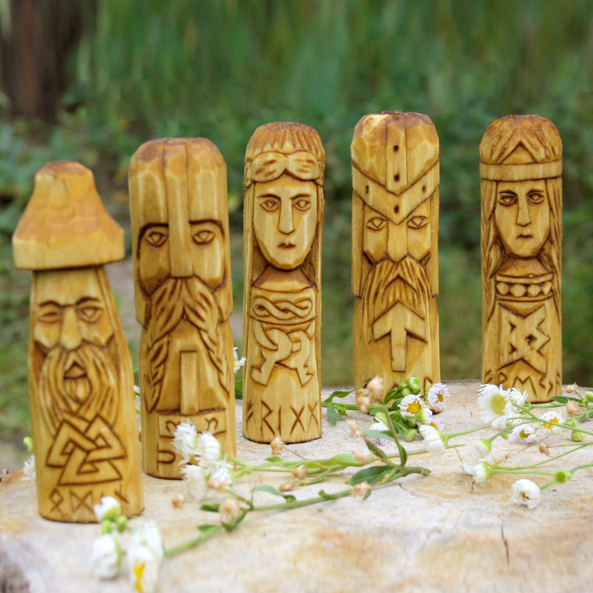 Set of 5 norse Gods  with carvings on a natural background