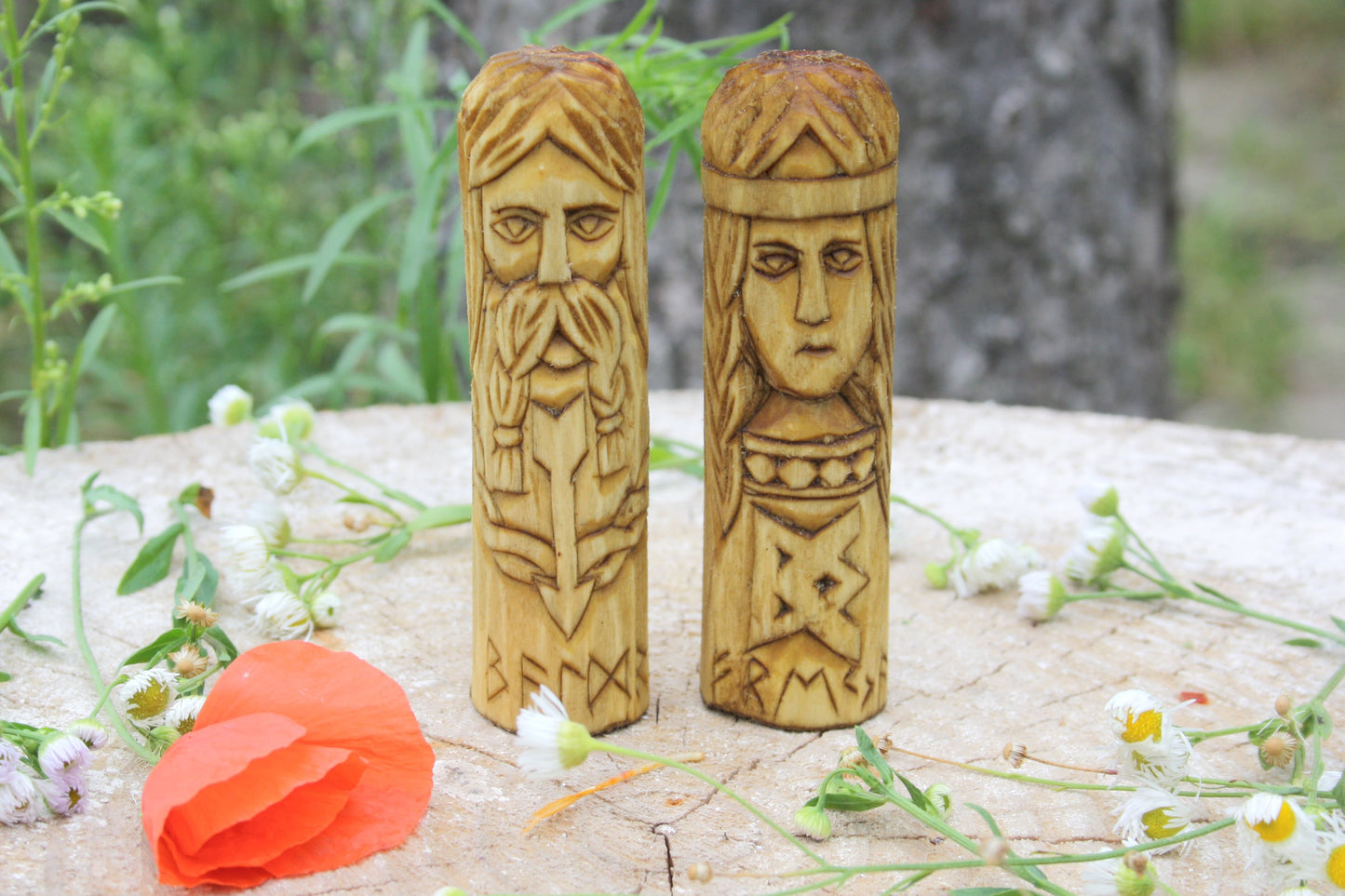 Small wooden figurine of Norse Pantheon of gods.Scandinavian altar.