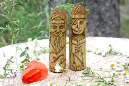 Small wooden figurine of Norse Pantheon of gods.Scandinavian altar.