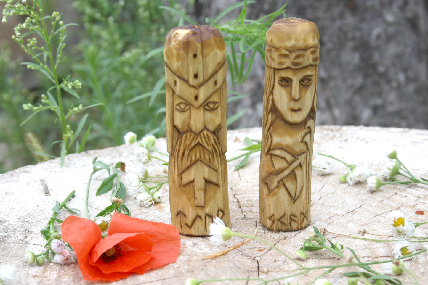 Small wooden figurine of Norse Pantheon of gods.Scandinavian altar.