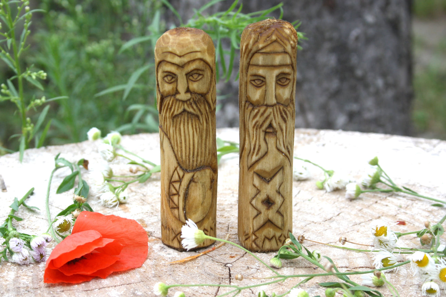 Small wooden figurine of Norse Pantheon of gods.Scandinavian altar.