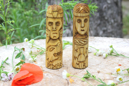 Small wooden figurine of Norse Pantheon of gods.Scandinavian altar.