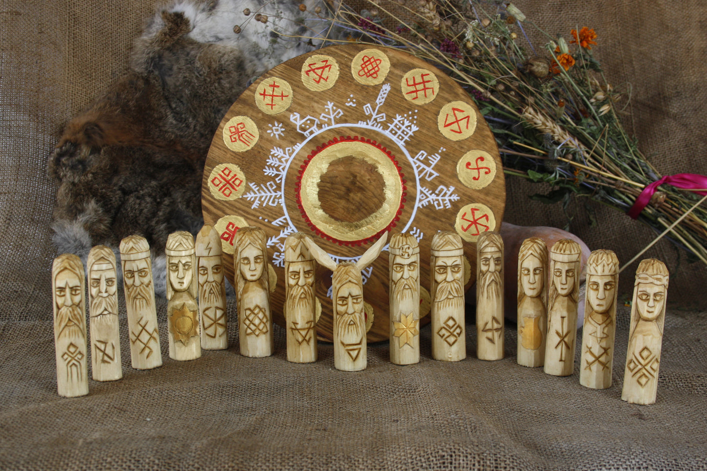 Small Slavic Pantheon. Altar. Makosh, Hors, Chur, Dana, Stribog, Yarylo, Morana, Chernobog, Yarylo,Dajdbog, Perun, Lada, Rod, Svarog, Veles.
