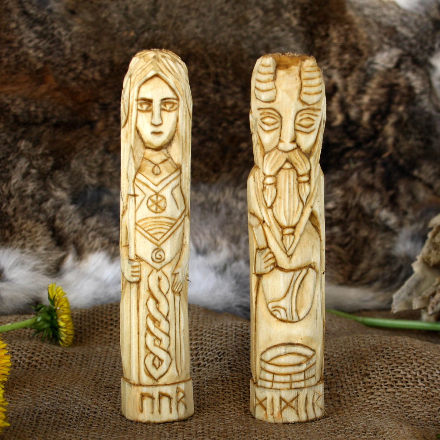 Vor wooden statue with other Norse god hand carved figurines collection