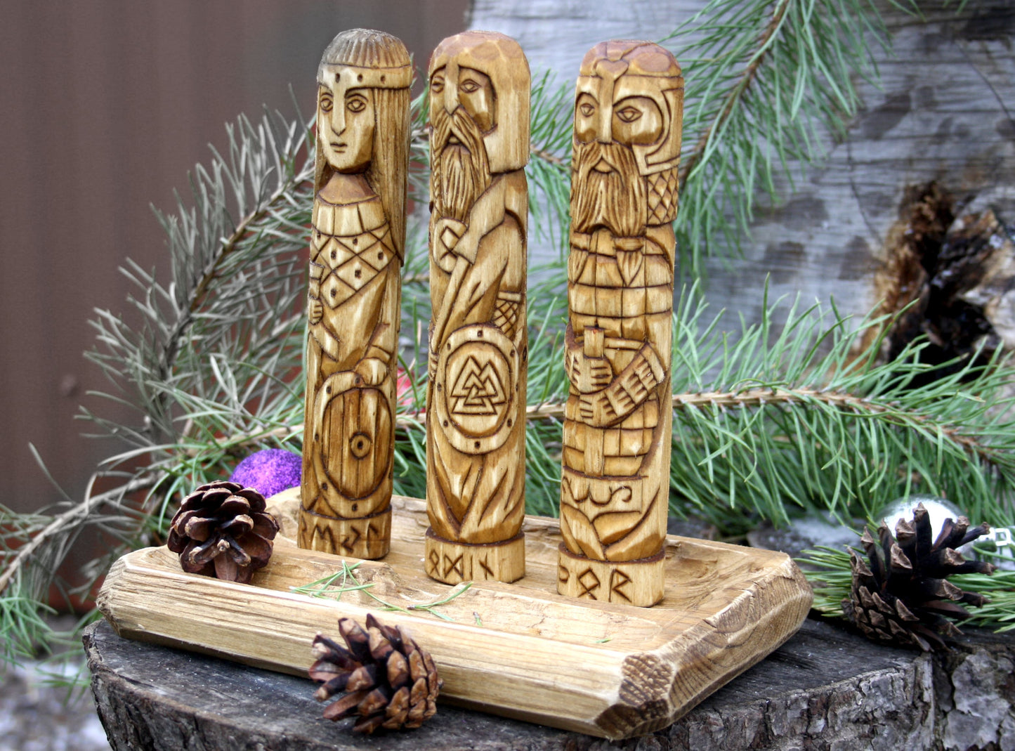 Wooden Altar with figurine of Norse Gods Odin  Freya Thor