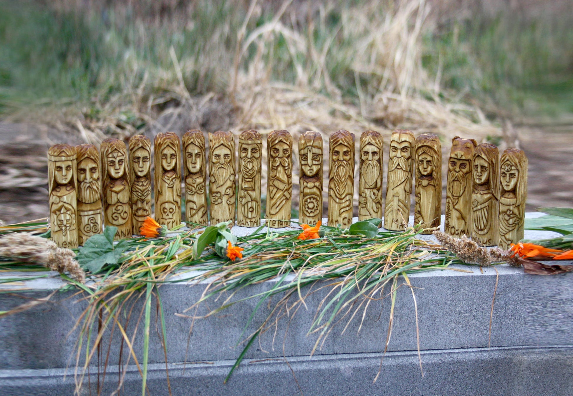 Small wooden celtic altar. handcrafted statue. belenus, mannan mac lir. celtic goddess statues