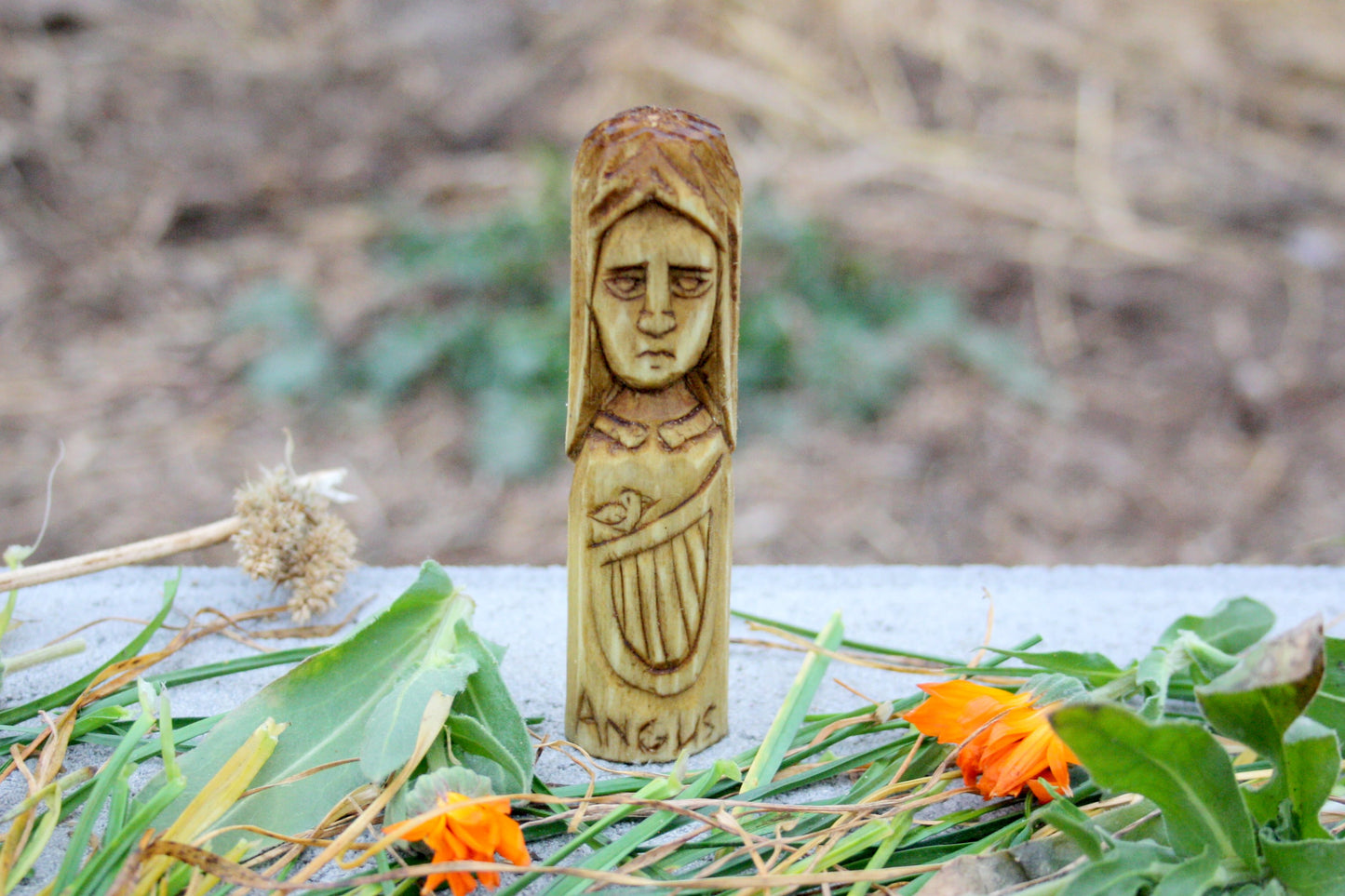 Small wooden celtic altar. handcrafted statue. ogma, aine, cecht and angus. celtic goddess statue